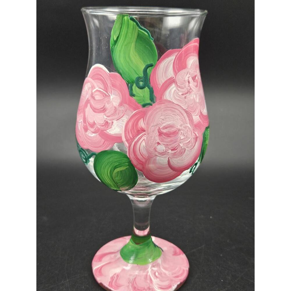Set of 2 Vintage Hand Painted Pink Floral Wine Glasses Tulip Flared Rim 6.5" - Picture 8 of 15